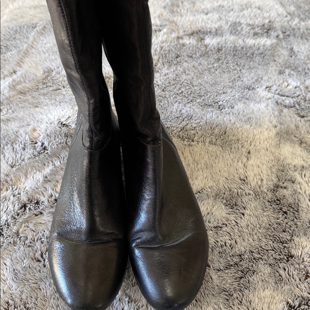 Women’s 8 1/2 Black‎ Slouchy Mid-Calf Boot Back Buckle Wedge Heel Leather Upper - Picture 2 of 13